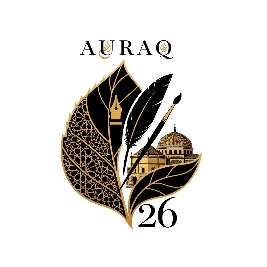 AI Design for we want to create a logo in black and golden colour theme for AURAQ 26 in a leaf's theme. It includes a quill and paint brush and a dome. it rmindes the reviving the legacy of islam focused on islamic spain