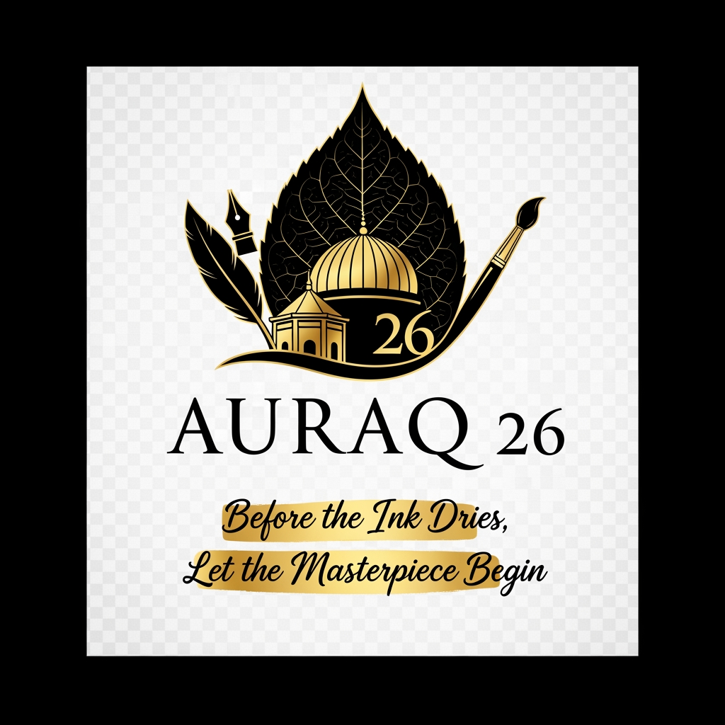 AI Design for we want to create a logo in black and golden colour theme for AURAQ 26 in a leaf's theme. It includes a quill and paint brush and a dome. it rmindes the reviving the legacy of islam focused on islamic spain. with moto: Before the Ink Dries, Let the Masterpiece Begin . the logo's bg should be transparent