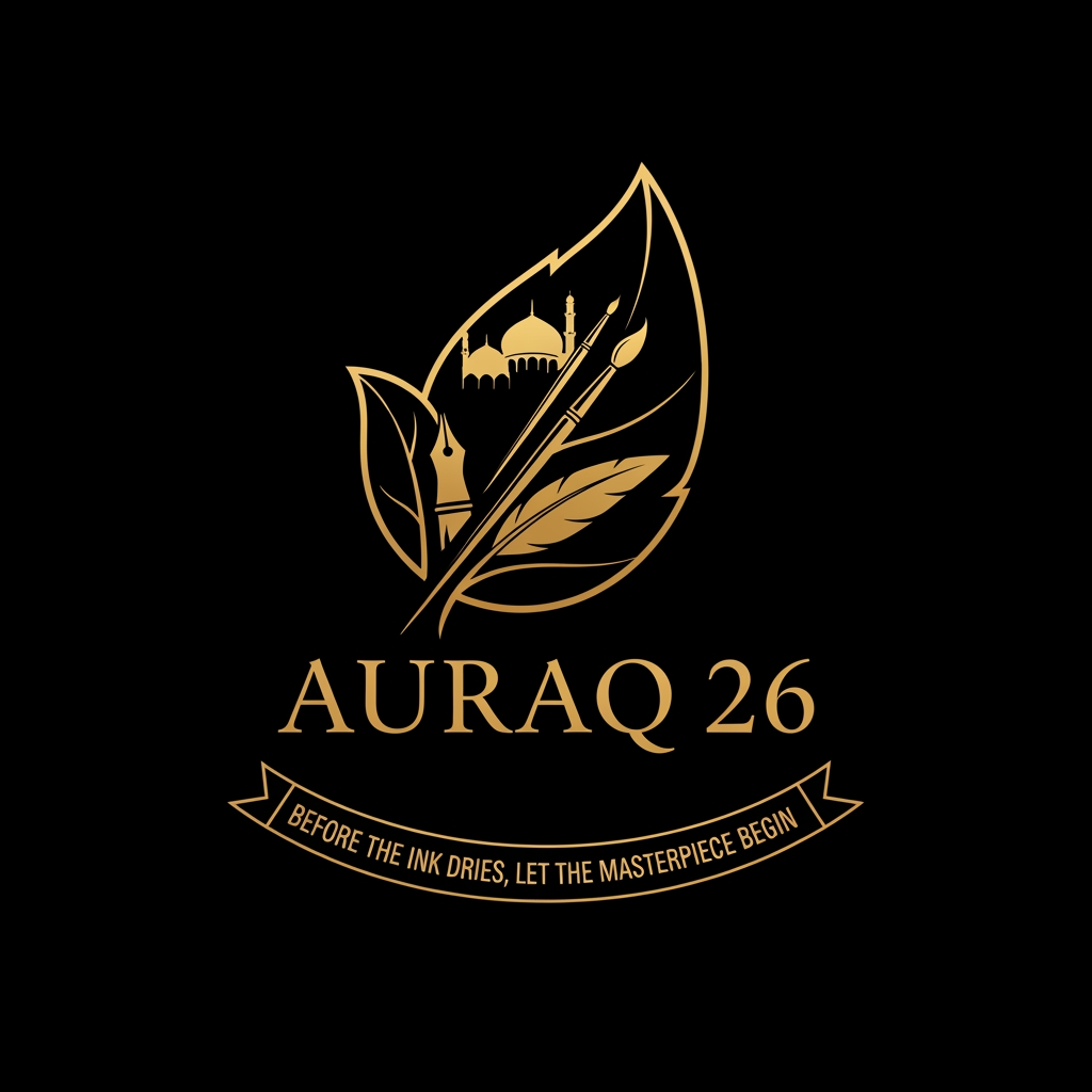 AI Design for we want to create a logo in black and golden colour theme for AURAQ 26 in a leaf's theme. It includes a quill and paint brush and a dome. it rmindes the reviving the legacy of islam focused on islamic spain. with moto: Before the Ink Dries, Let the Masterpiece Begin