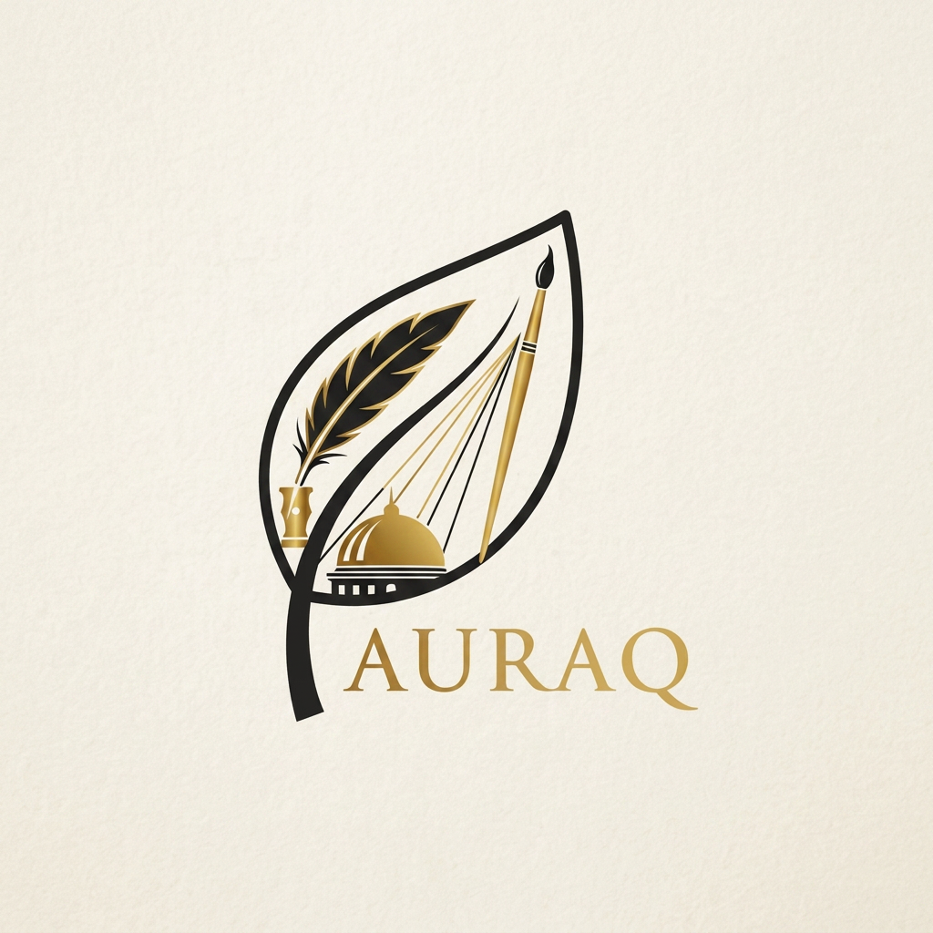 AI Design for we want to create a logo for AURAQ in a leaf's theme. It includes a quill and paint brush and a dome in black and golden colour theme