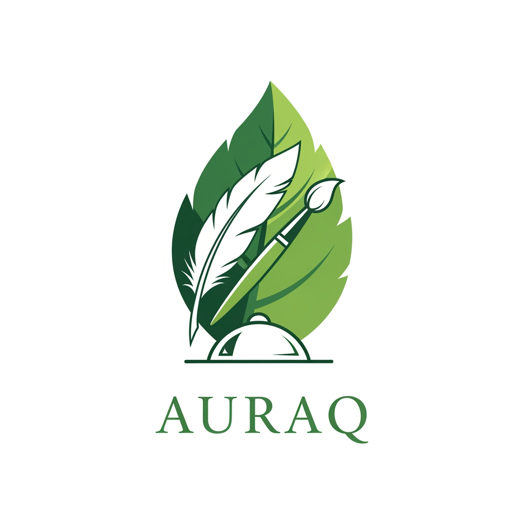 AI Design for we want to create a logo for AURAQ in a leaf's theme. It includes a quill and paint brush and a dome