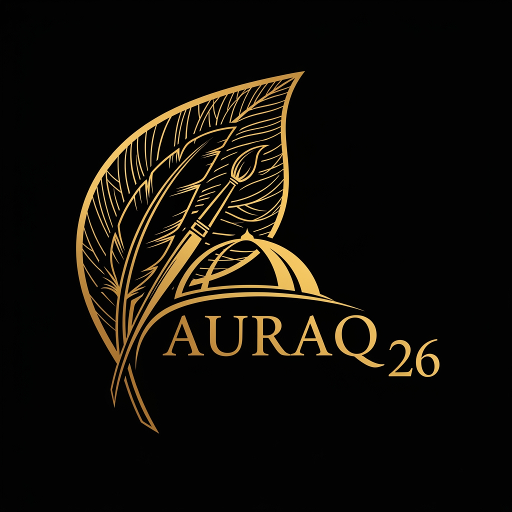 AI Design for we want to create a logo in black and golden colour theme for AURAQ 26 in a leaf's theme. It includes a quill and paint brush and a dome