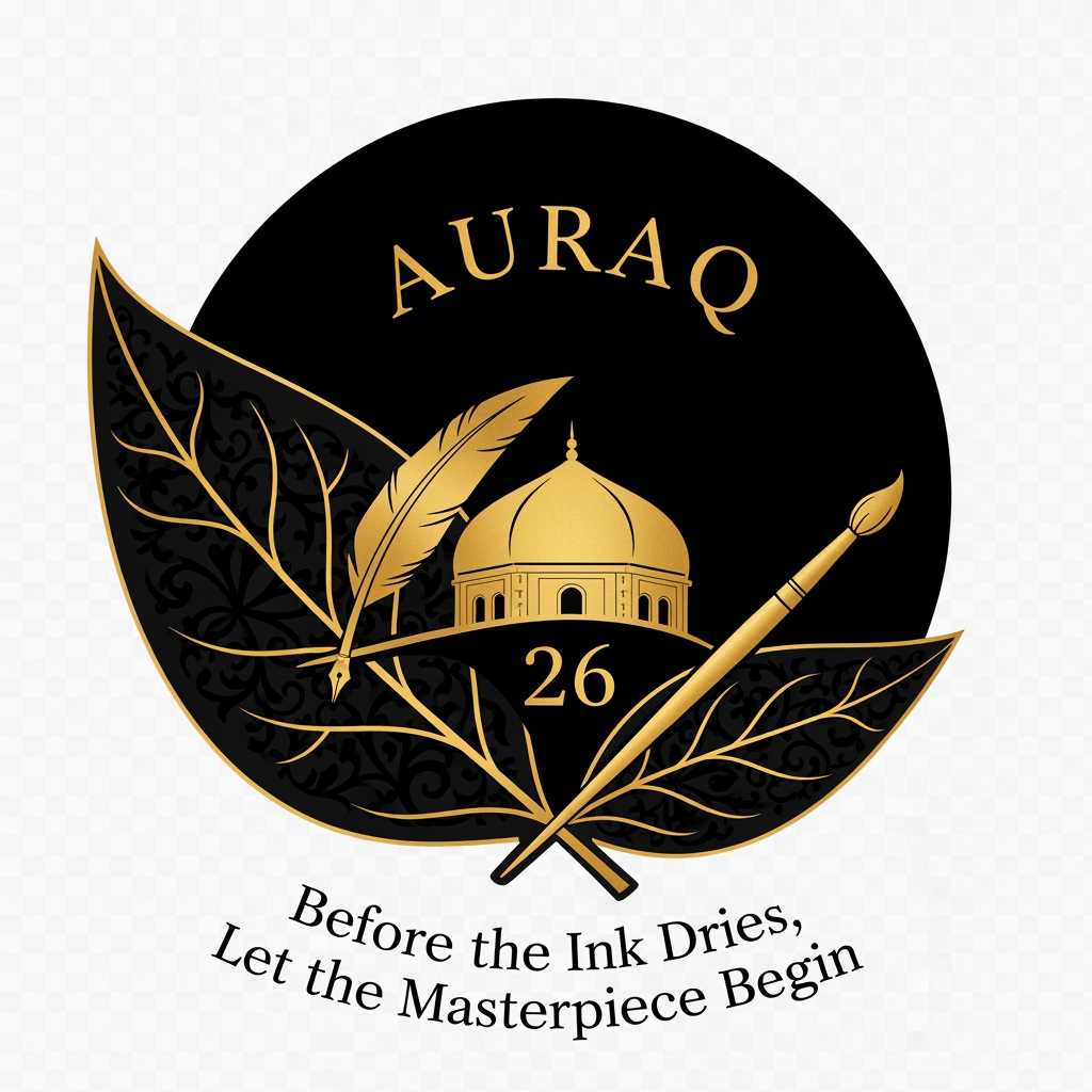 AI Design for we want to create a logo in black and golden colour theme for AURAQ 26 in a leaf's theme. It includes a quill and paint brush and a dome. it rmindes the reviving the legacy of islam focused on islamic spain. with moto: Before the Ink Dries, Let the Masterpiece Begin . the logo's bg should be transparent