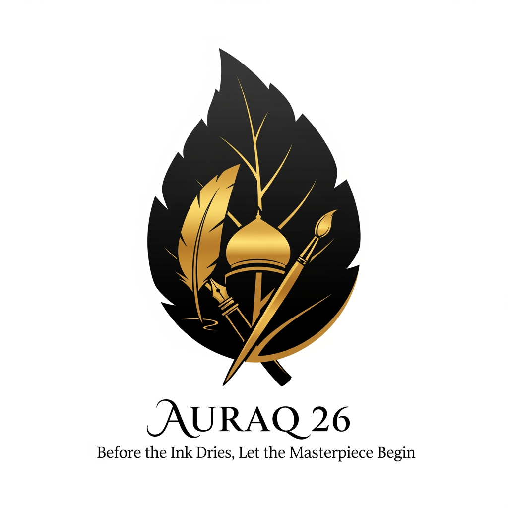 AI Design for we want to create a logo in black and golden colour theme for AURAQ 26 in a leaf's theme. It includes a quill and paint brush and a dome. it rmindes the reviving the legacy of islam focused on islamic spain. with moto: Before the Ink Dries, Let the Masterpiece Begin