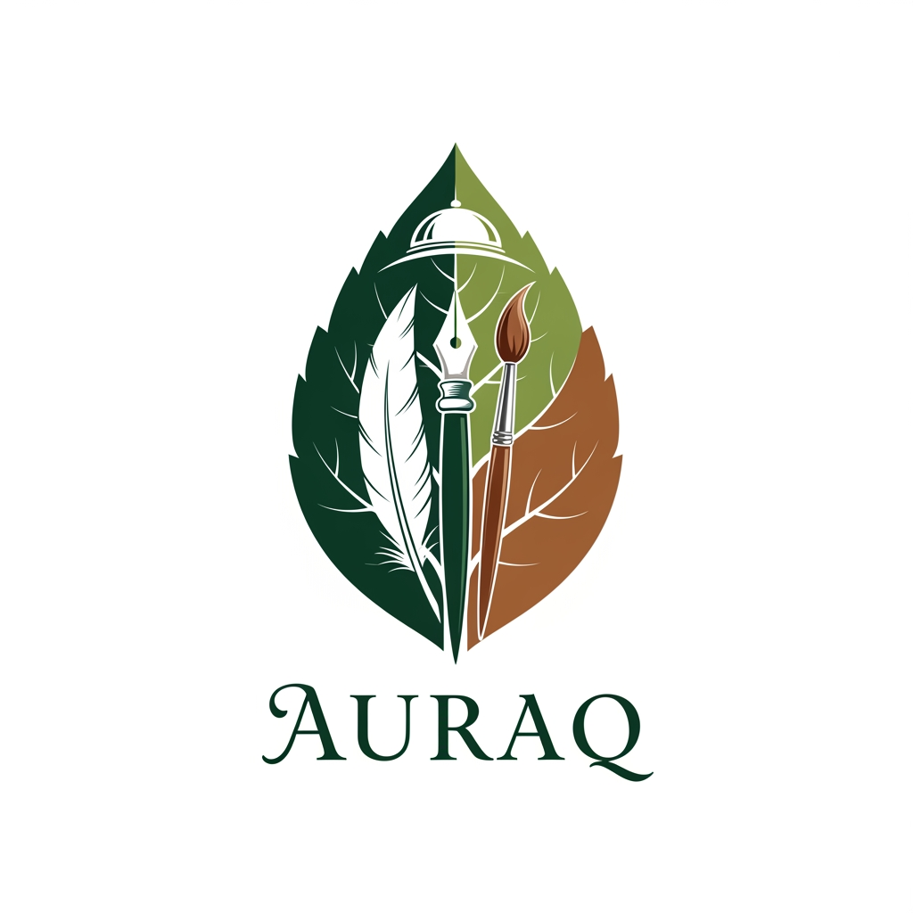 AI Design for we want to create a logo for AURAQ in a leaf's theme. It includes a quill and paint brush and a dome