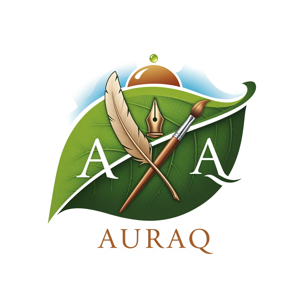AI Design for we want to create a logo for AURAQ in a leaf's theme. It includes a quill and paint brush and a dome