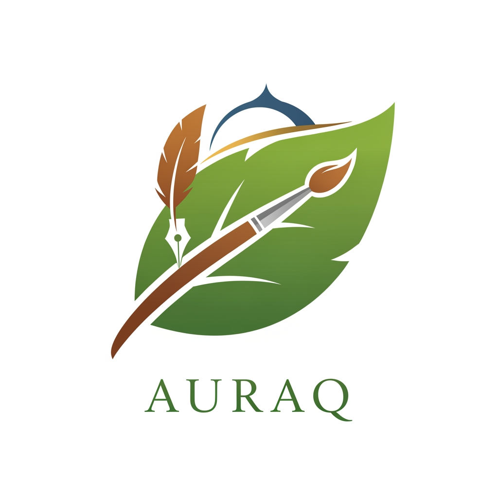 AI Design for we want to create a logo for AURAQ in a leaf's theme. It includes a quill and paint brush and a dome