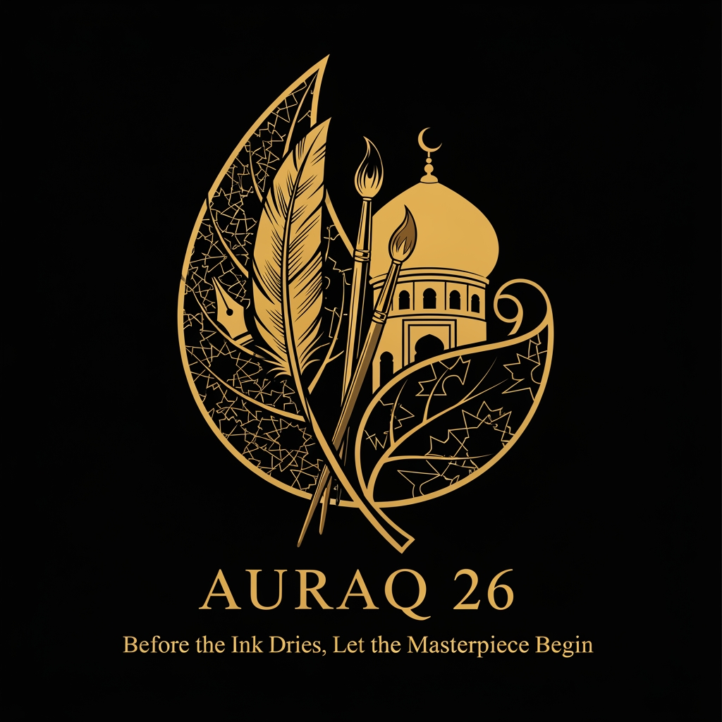 AI Design for we want to create a logo in black and golden colour theme for AURAQ 26 in a leaf's theme. It includes a quill and paint brush and a dome. it rmindes the reviving the legacy of islam focused on islamic spain. with moto: Before the Ink Dries, Let the Masterpiece Begin