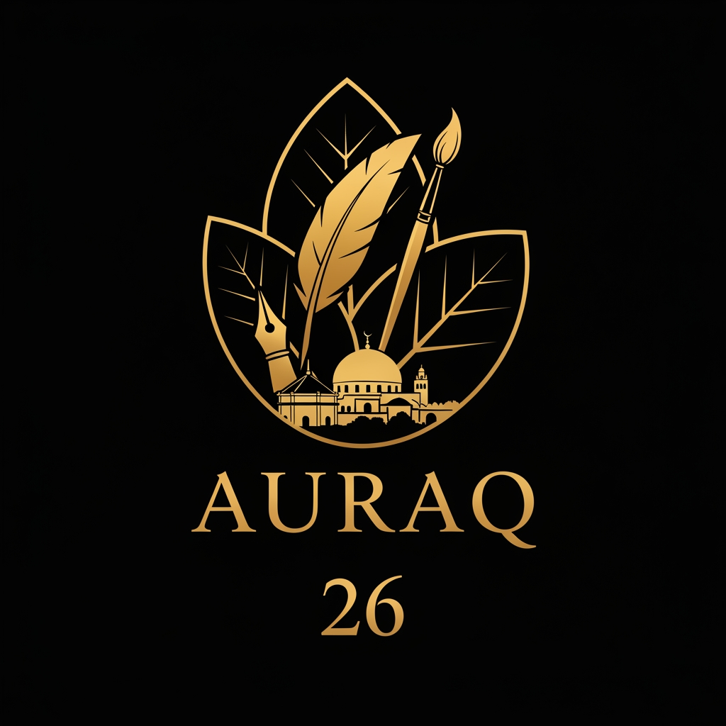 AI Design for we want to create a logo in black and golden colour theme for AURAQ 26 in a leaf's theme. It includes a quill and paint brush and a dome. it rmindes the reviving the legacy of islam focused on islamic spain