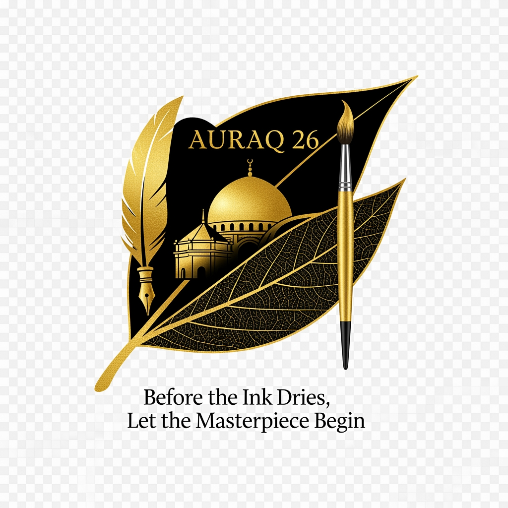 AI Design for we want to create a logo in black and golden colour theme for AURAQ 26 in a leaf's theme. It includes a quill and paint brush and a dome. it rmindes the reviving the legacy of islam focused on islamic spain. with moto: Before the Ink Dries, Let the Masterpiece Begin . the logo's bg should be transparent