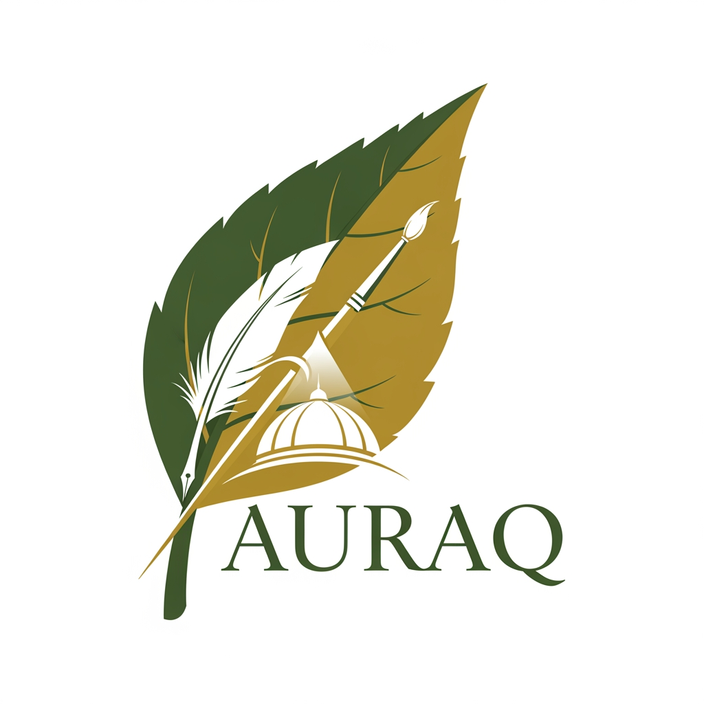 AI Design for we want to create a logo for AURAQ in a leaf's theme. It includes a quill and paint brush and a dome