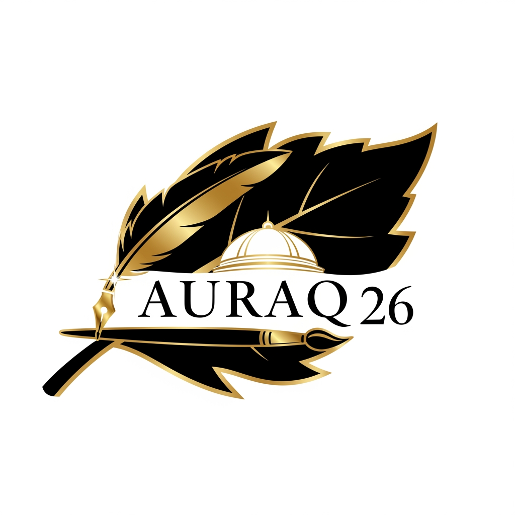 AI Design for we want to create a logo in black and golden colour theme for AURAQ 26 in a leaf's theme. It includes a quill and paint brush and a dome