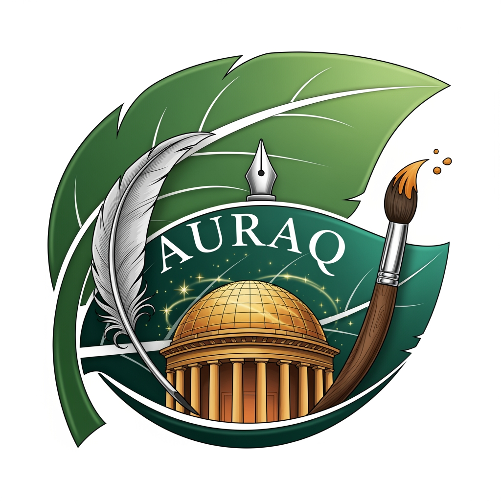 AI Design for we want to create a logo for AURAQ in a leaf's theme. It includes a quill and paint brush and a dome