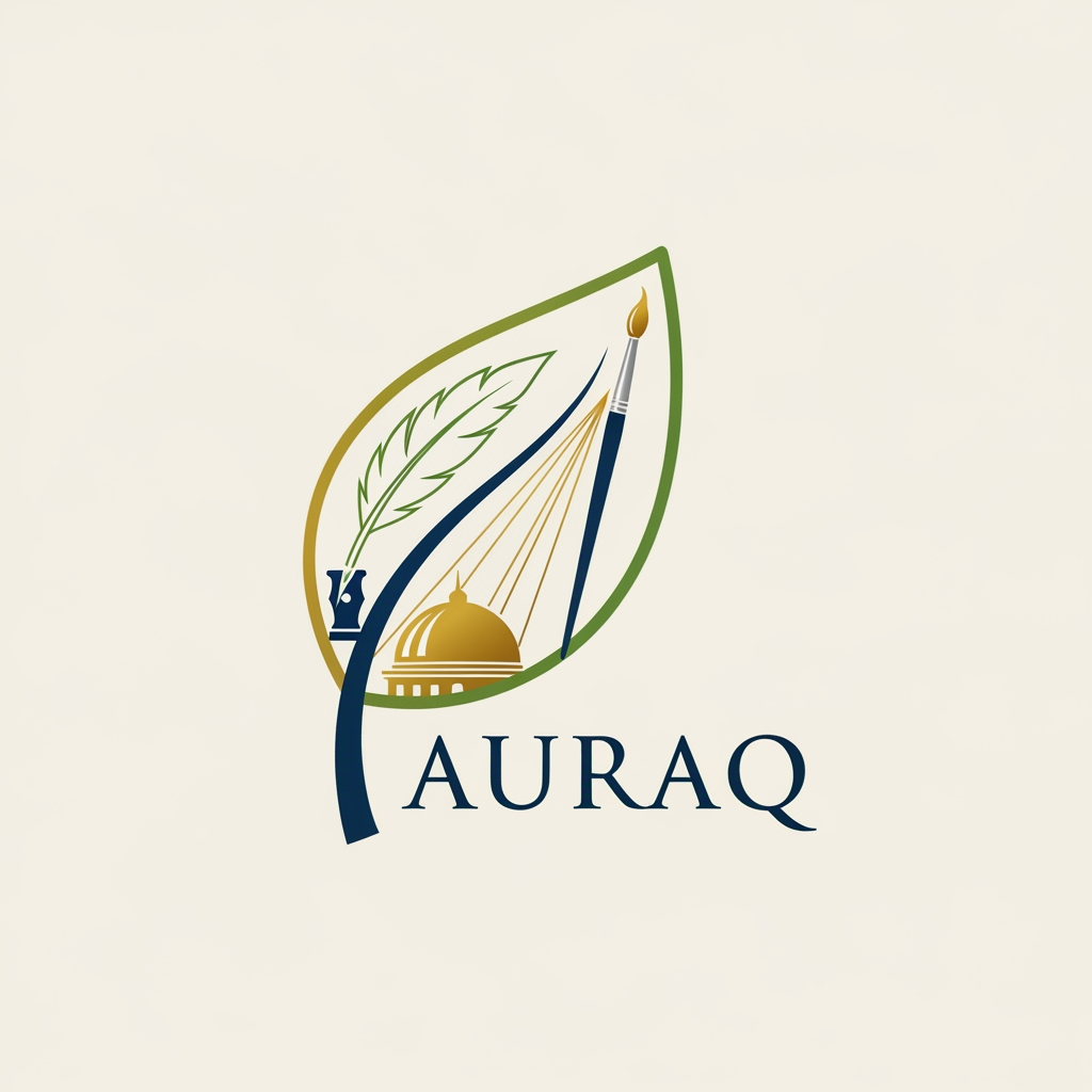 AI Design for we want to create a logo for AURAQ in a leaf's theme. It includes a quill and paint brush and a dome