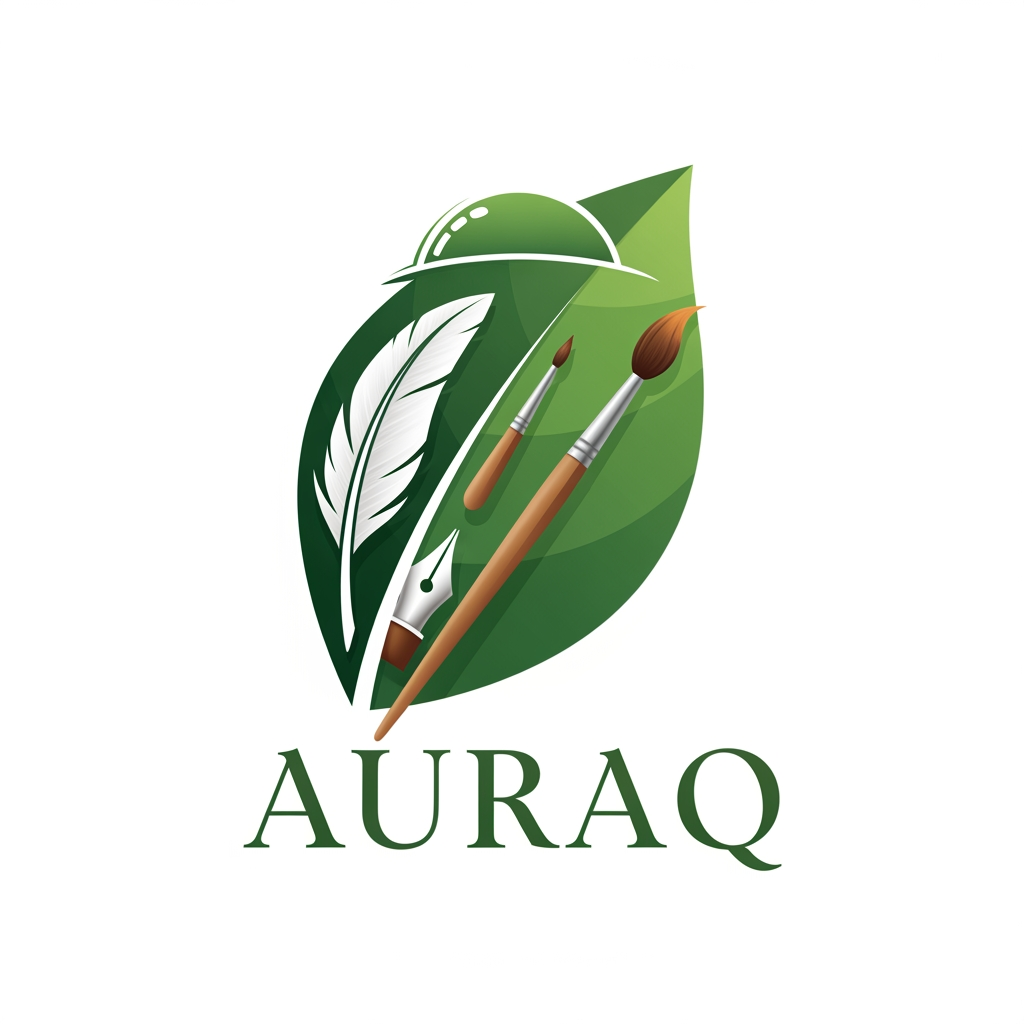 AI Design for we want to create a logo for AURAQ in a leaf's theme. It includes a quill and paint brush and a dome
