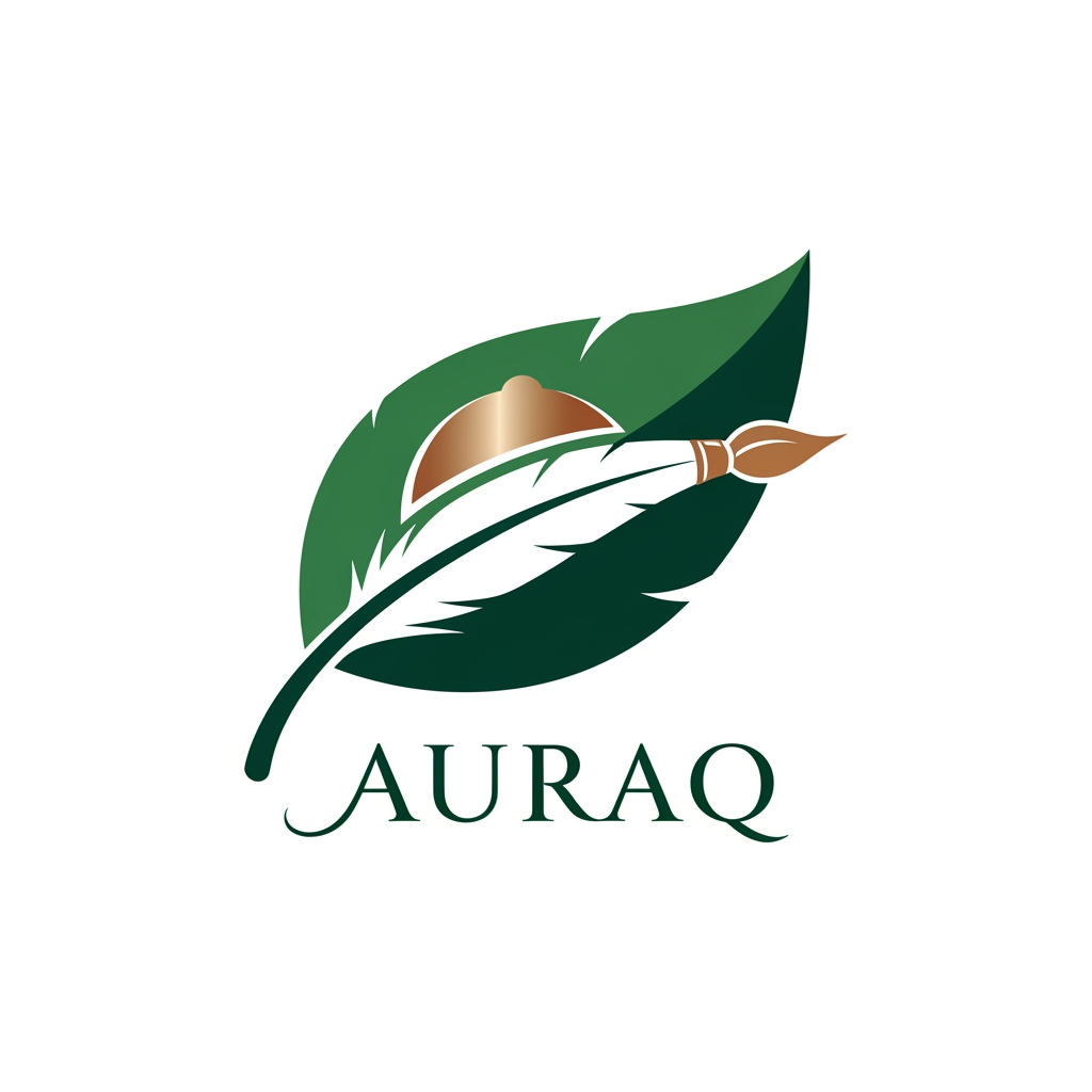 AI Design for we want to create a logo for AURAQ in a leaf's theme. It includes a quill and paint brush and a dome