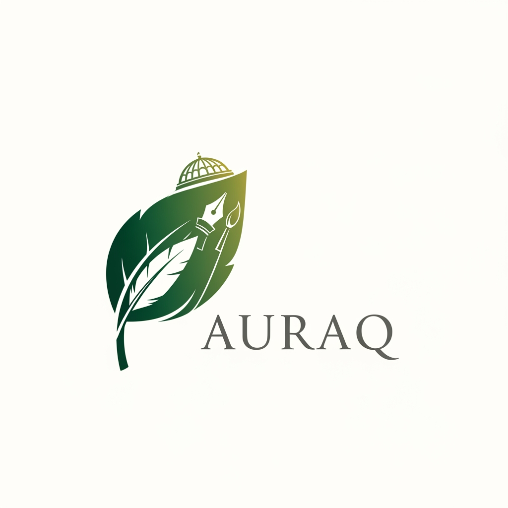 AI Design for we want to create a logo for AURAQ in a leaf's theme. It includes a quill and paint brush and a dome