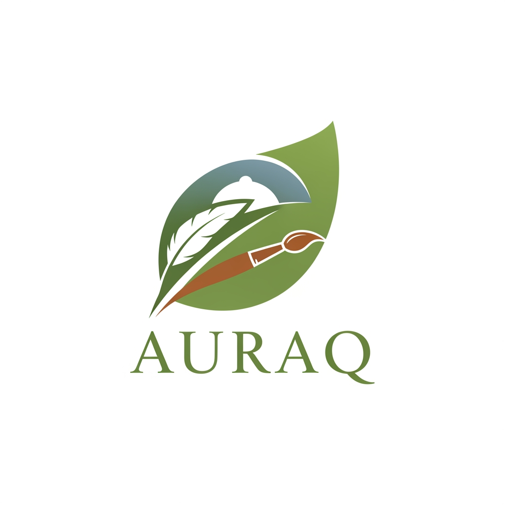 AI Design for we want to create a logo for AURAQ in a leaf's theme. It includes a quill and paint brush and a dome