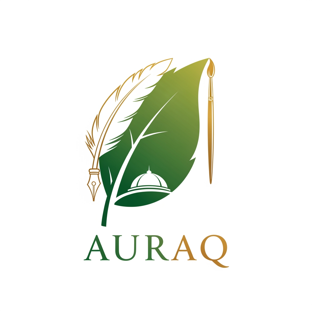 AI Design for we want to create a logo for AURAQ in a leaf's theme. It includes a quill and paint brush and a dome