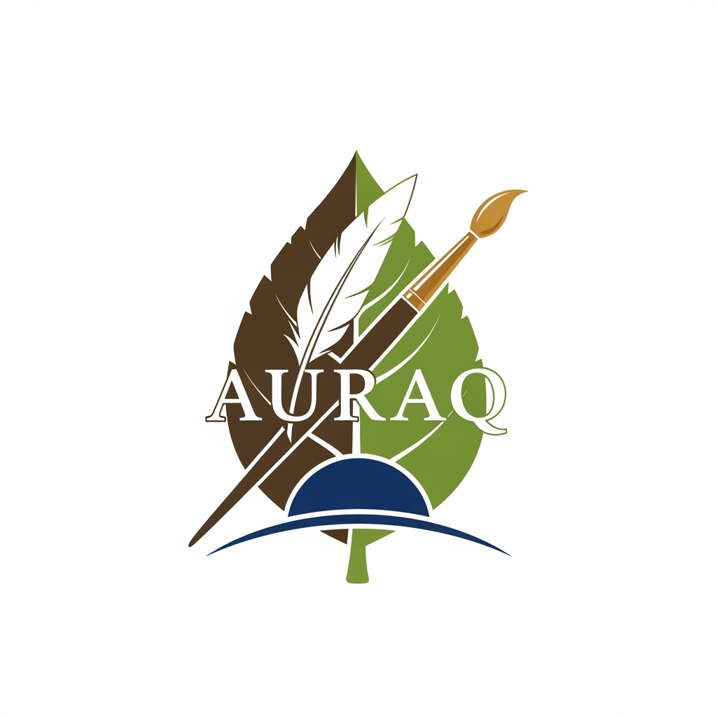 AI Design for we want to create a logo for AURAQ in a leaf's theme. It includes a quill and paint brush and a dome