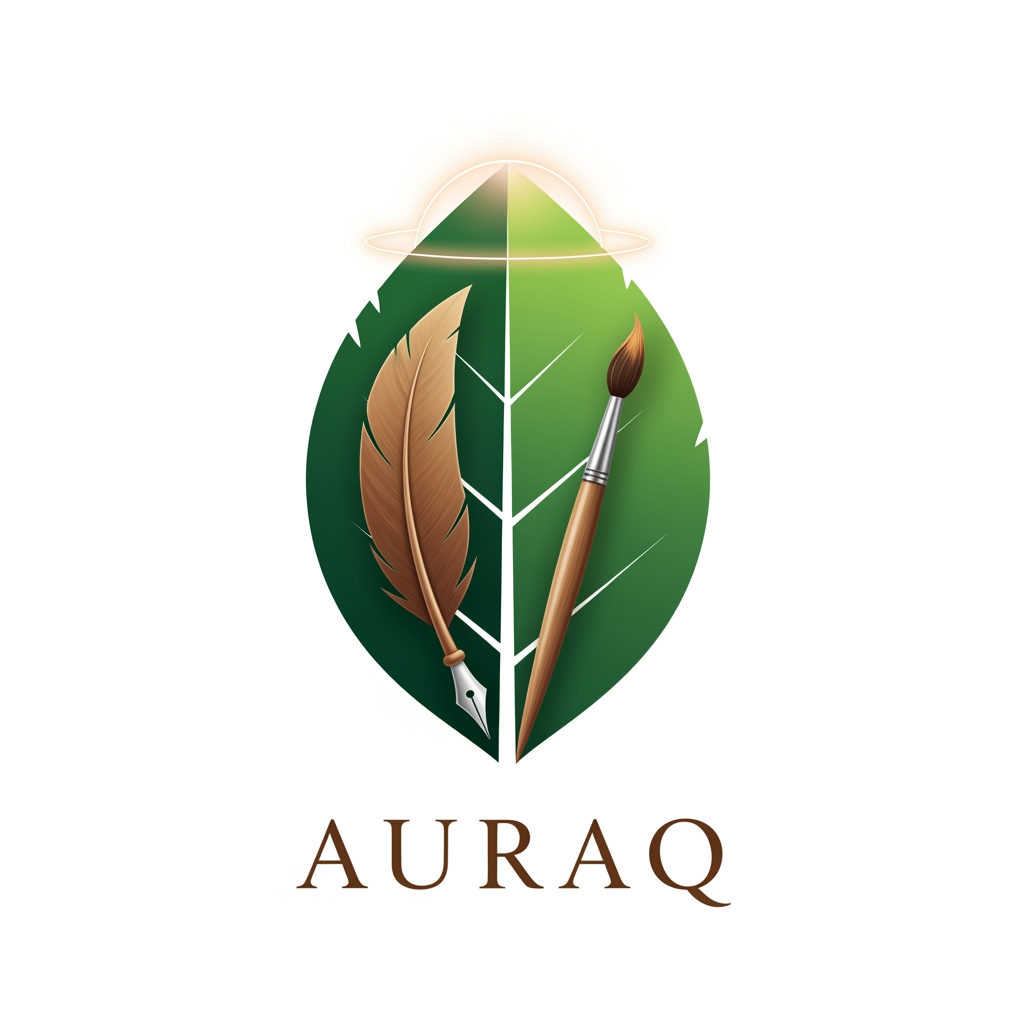 AI Design for we want to create a logo for AURAQ in a leaf's theme. It includes a quill and paint brush and a dome