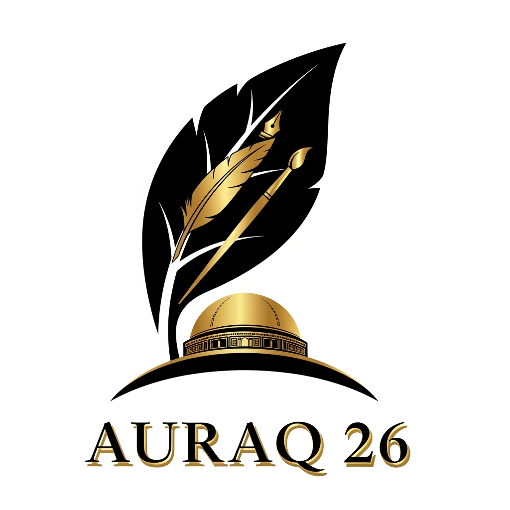 AI Design for we want to create a logo in black and golden colour theme for AURAQ 26 in a leaf's theme. It includes a quill and paint brush and a dome