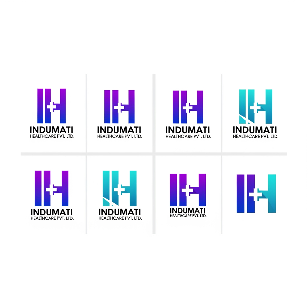 AI Design for Create 8 unique premium healthcare logo concepts for "Indumati Healthcare Pvt. Ltd." arranged in a professional presentation grid.

Design Style:
- Modern minimalist monogram logos
- Creative combination of letters I and H
- Hidden medical plus (+) symbol integrated into the monogram
- Negative space design techniques
- Clean geometric construction
- Corporate healthcare branding
- International healthcare company standard
- Premium and memorable visual identity

Color Palette:
- Vibrant purple to blue gradient
- Cyan to teal gradient accents
- White negative space
- Modern medical branding colors

Logo Concepts:
1. IH monogram with hidden medical cross
2. Circular healthcare emblem with IH
3. Abstract human care symbol formed from IH
4. Hexagonal medical technology icon
5. Orbit-inspired healthcare innovation logo
6. Leaf + IH wellness logo
7. Heartbeat integrated monogram
8. App-icon style healthcare symbol

Typography:
- Premium geometric sans-serif font
- Bold INDUMATI wordmark
- Healthcare Pvt. Ltd. in clean modern font
- Professional spacing and alignment

Presentation:
- 2x4 grid layout
- White background
- Vector logo showcase
- Brand identity presentation board
- Adobe Illustrator style
- Dribbble and Behance quality
- Award-winning branding design
- Ultra clean, modern, scalable vector logos
- No mockup, no watermark, no shadows, pure logo design
