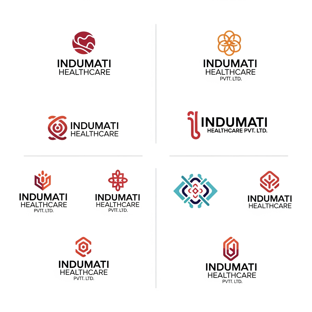 AI Design for Create 8 unique premium healthcare logo concepts for "Indumati Healthcare Pvt. Ltd." arranged in a professional presentation grid.

Design Style:
- Modern minimalist monogram logos
- Creative combination of letters I and H
- Hidden medical plus (+) symbol integrated into the monogram
- Negative space design techniques
- Clean geometric construction
- Corporate healthcare branding
- International healthcare company standard
- Premium and memorable visual identity

Color Palette:
- Vibrant purple to blue gradient
- Cyan to teal gradient accents
- White negative space
- Modern medical branding colors

Logo Concepts:
1. IH monogram with hidden medical cross
2. Circular healthcare emblem with IH
3. Abstract human care symbol formed from IH
4. Hexagonal medical technology icon
5. Orbit-inspired healthcare innovation logo
6. Leaf + IH wellness logo
7. Heartbeat integrated monogram
8. App-icon style healthcare symbol

Typography:
- Premium geometric sans-serif font
- Bold INDUMATI wordmark
- Healthcare Pvt. Ltd. in clean modern font
- Professional spacing and alignment

Presentation:
- 2x4 grid layout
- White background
- Vector logo showcase
- Brand identity presentation board
- Adobe Illustrator style
- Dribbble and Behance quality
- Award-winning branding design
- Ultra clean, modern, scalable vector logos
- No mockup, no watermark, no shadows, pure logo design