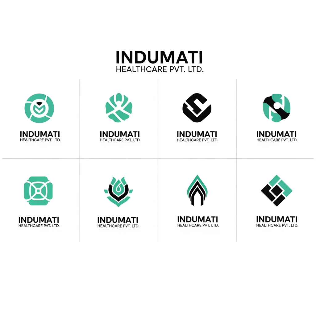 AI Design for Create 8 unique premium healthcare logo concepts for "Indumati Healthcare Pvt. Ltd." arranged in a professional presentation grid.

Design Style:
- Modern minimalist monogram logos
- Creative combination of letters I and H
- Hidden medical plus (+) symbol integrated into the monogram
- Negative space design techniques
- Clean geometric construction
- Corporate healthcare branding
- International healthcare company standard
- Premium and memorable visual identity

Color Palette:
- Vibrant purple to blue gradient
- Cyan to teal gradient accents
- White negative space
- Modern medical branding colors

Logo Concepts:
1. IH monogram with hidden medical cross
2. Circular healthcare emblem with IH
3. Abstract human care symbol formed from IH
4. Hexagonal medical technology icon
5. Orbit-inspired healthcare innovation logo
6. Leaf + IH wellness logo
7. Heartbeat integrated monogram
8. App-icon style healthcare symbol

Typography:
- Premium geometric sans-serif font
- Bold INDUMATI wordmark
- Healthcare Pvt. Ltd. in clean modern font
- Professional spacing and alignment

Presentation:
- 2x4 grid layout
- White background
- Vector logo showcase
- Brand identity presentation board
- Adobe Illustrator style
- Dribbble and Behance quality
- Award-winning branding design
- Ultra clean, modern, scalable vector logos
- No mockup, no watermark, no shadows, pure logo design
