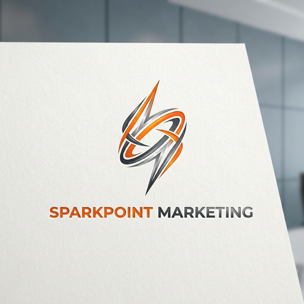 AI Design for A sleek, modern, and energetic logo design for a marketing agency, featuring a stylized abstract flame or spark icon that represents growth and impact. The aesthetic is professional yet vibrant, utilizing a sophisticated gradient color palette of electric orange, deep charcoal, and silver on a clean minimalist background. High-contrast lighting and sharp vector-style edges to create a bold, premium brand identity.
