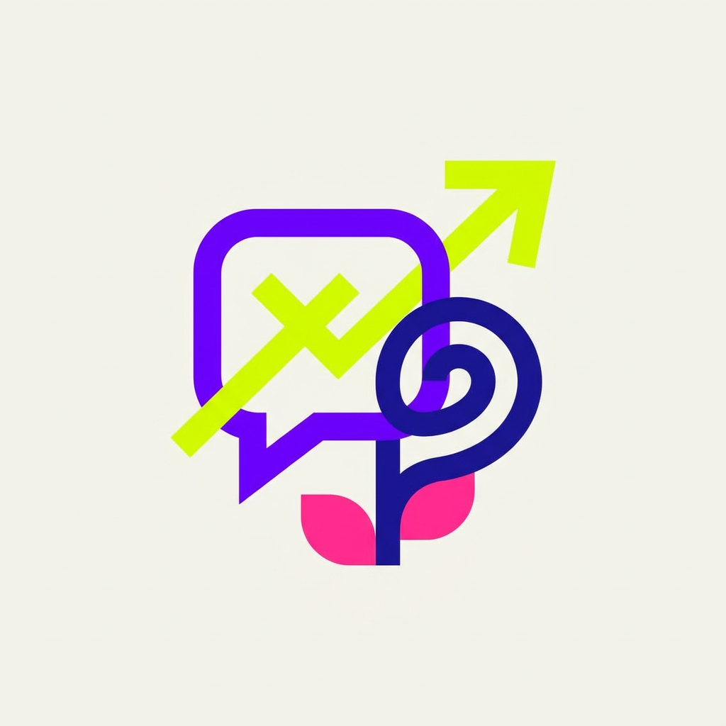 AI Design for A minimalist and quirky symbolic logo for a digital media brand, featuring an abstract geometric icon that represents connection, discourse, and growth. Use a vibrant, modern Gen-Z inspired color palette with electric violet and acid lime accents against a clean, matte background. The design should feel bold, energetic, and professional, suitable for both a YouTube channel and a marketing agency, emphasizing clean vector lines and a high-contrast, memorable silhouette.