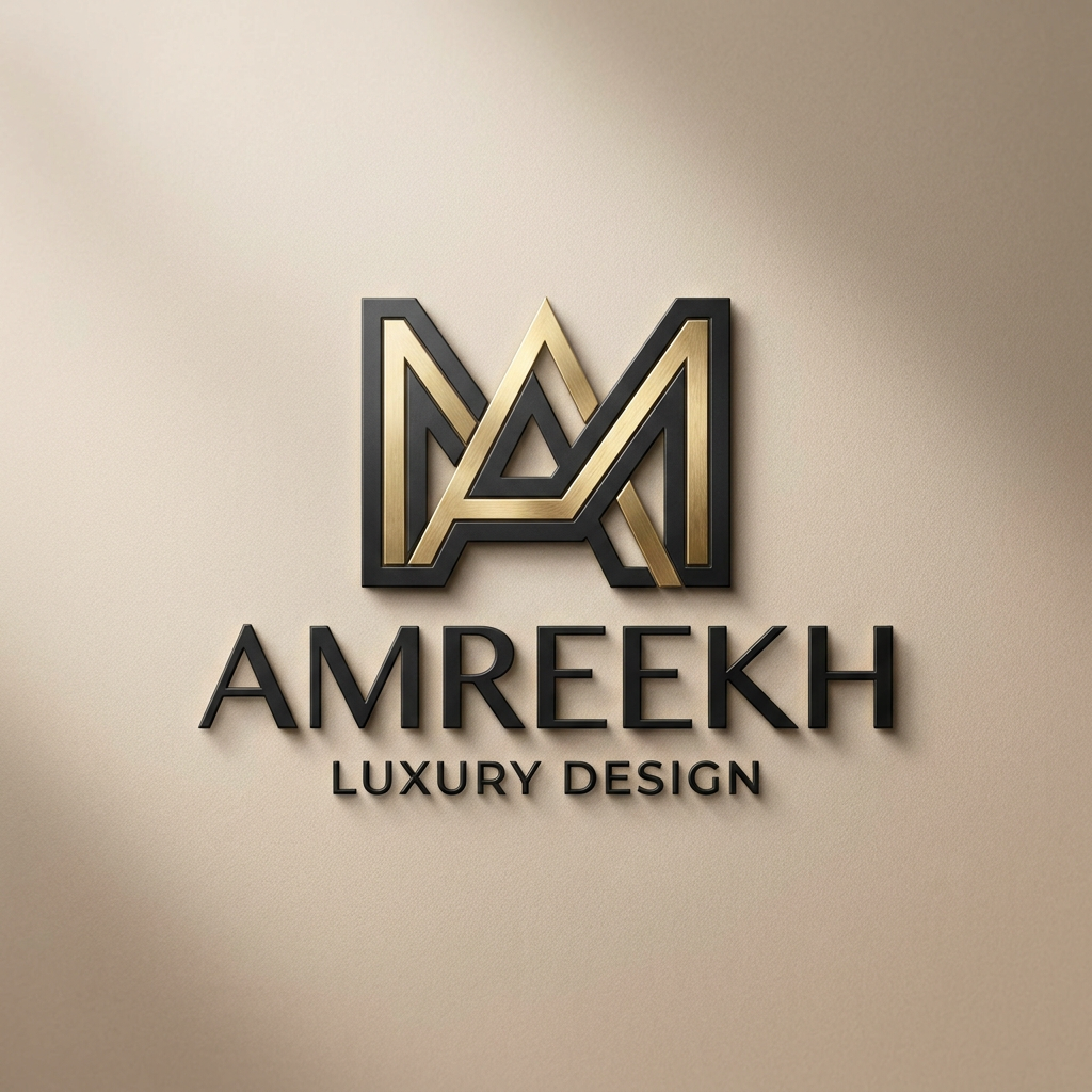 AI Design for A minimalist and sophisticated luxury logo for the brand AMREEKH, featuring elegant typography and clean geometric lines. The design should use a premium color palette of matte black and brushed gold, set against a soft, neutral studio background with subtle cinematic lighting to emphasize texture and professionalism.