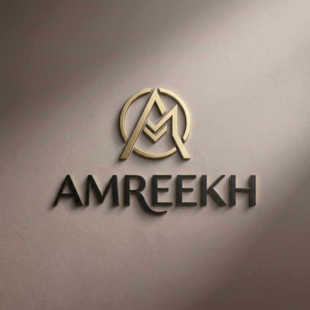 AI Design for A minimalist and sophisticated luxury logo for the brand AMREEKH, featuring elegant typography and clean geometric lines. The design should use a premium color palette of matte black and brushed gold, set against a soft, neutral studio background with subtle cinematic lighting to emphasize texture and professionalism.
