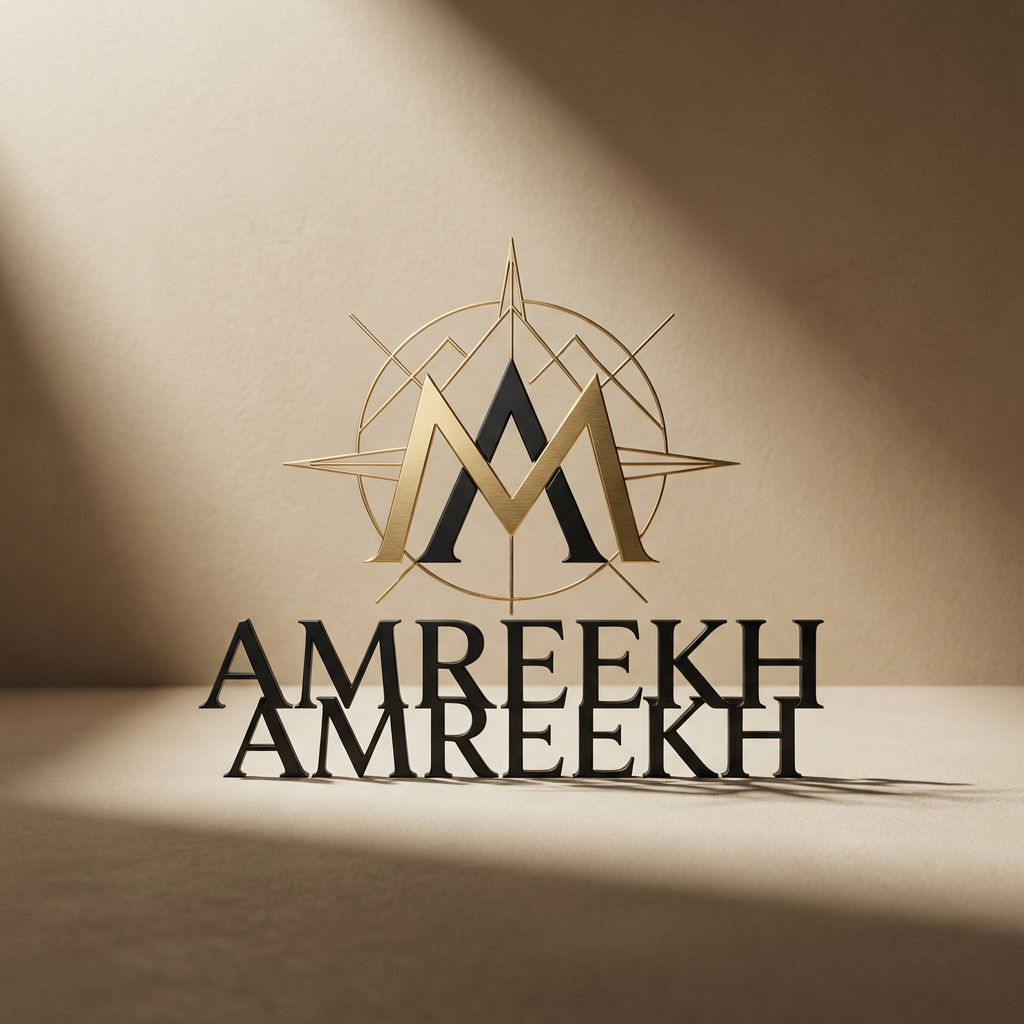 AI Design for A minimalist and sophisticated luxury logo for the brand AMREEKH, featuring elegant typography and clean geometric lines. The design should use a premium color palette of matte black and brushed gold, set against a soft, neutral studio background with subtle cinematic lighting to emphasize texture and professionalism.