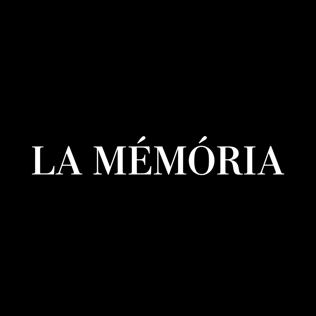 AI Design for A dark, atmospheric wordmark logo for the brand 'La Memoria'. Stark white text on a pitch-black background. The typography is a sharp, vintage Serif font with wide, elegant spacing between the letters. The aesthetic is melancholic, intimate, and raw, resembling a moody indie music album cover. Minimalist, high contrast, absolutely no gradients or graphics.  brand name : La memoria