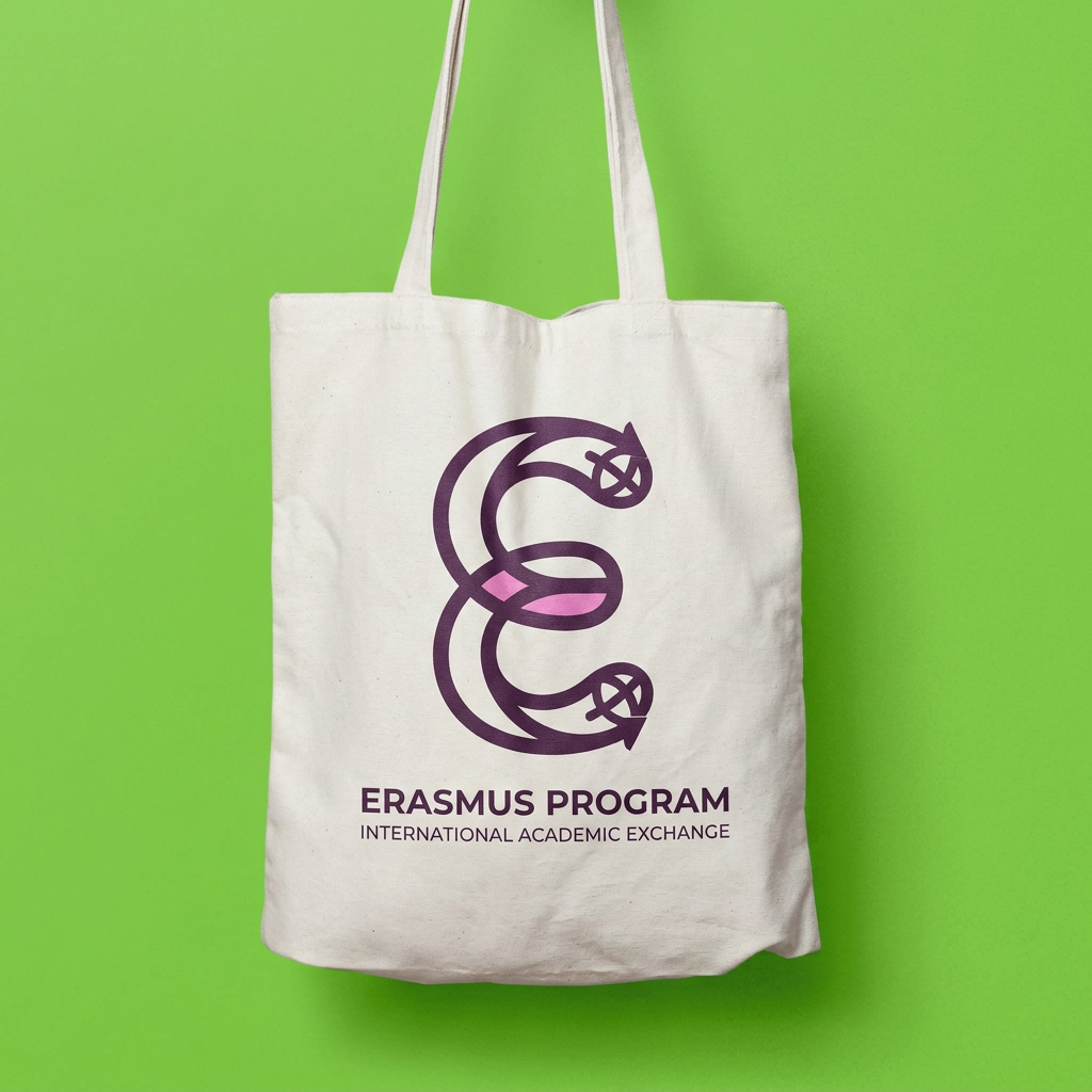 AI Design for A minimalist and professional pictogram logo design for an academic program. The central element is the letter "E" (representing Erasmus), creatively stylized to symbolize union, connection, and international student exchange. The "E" should be formed by interlocking shapes, continuous fluid lines, or two elements embracing each other to represent different cultures coming together.