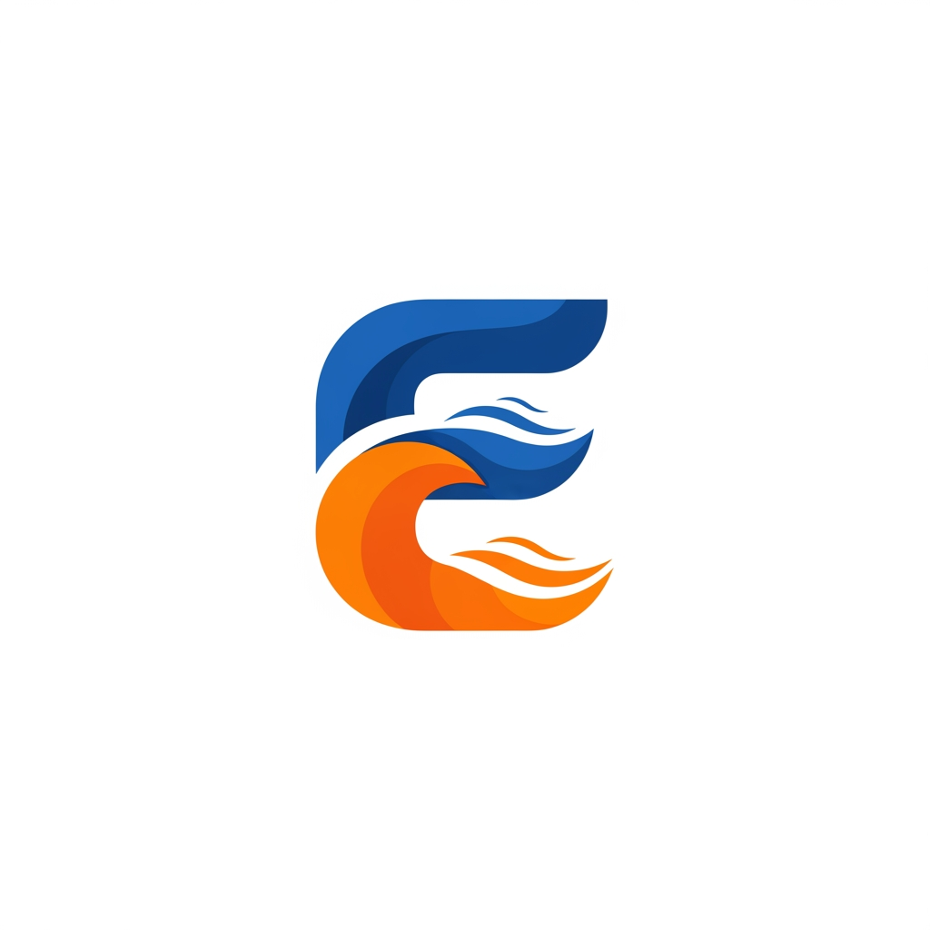 AI Design for A minimalist and professional pictogram logo design for an academic program. The central element is the letter "E" (representing Erasmus), creatively stylized to symbolize union, connection, and international student exchange. The "E" should be formed by interlocking shapes, continuous fluid lines, or two elements embracing each other to represent different cultures coming together. Subtle curves referencing the sea waves of Pescara. Clean vector graphics, flat design, modern corporate identity, negative space. Colors: institutional deep blue and vibrant energetic orange. White background, high resolution, Dribbble style, UI/UX logo design, symmetrical balance, vector art --no text, typography, letters other than E, realistic details, 3D --v 6.0