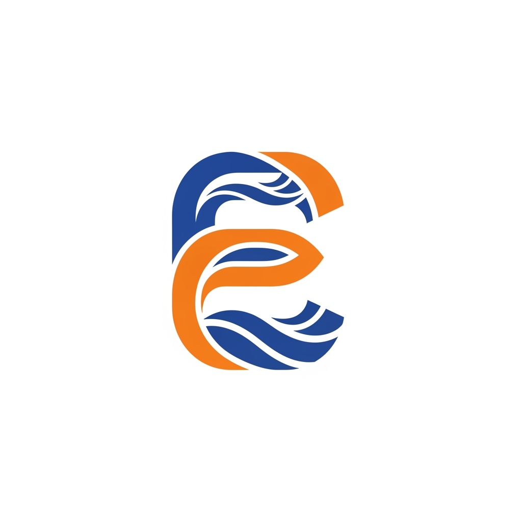 AI Design for A minimalist and professional pictogram logo design for an academic program. The central element is the letter "E" (representing Erasmus), creatively stylized to symbolize union, connection, and international student exchange. The "E" should be formed by interlocking shapes, continuous fluid lines, or two elements embracing each other to represent different cultures coming together. Subtle curves referencing the sea waves of Pescara. Clean vector graphics, flat design, modern corporate identity, negative space. Colors: institutional deep blue and vibrant energetic orange. White background, high resolution, Dribbble style, UI/UX logo design, symmetrical balance, vector art --no text, typography, letters other than E, realistic details, 3D --v 6.0