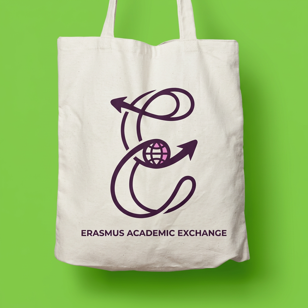AI Design for A minimalist and professional pictogram logo design for an academic program. The central element is the letter "E" (representing Erasmus), creatively stylized to symbolize union, connection, and international student exchange. The "E" should be formed by interlocking shapes, continuous fluid lines, or two elements embracing each other to represent different cultures coming together.
