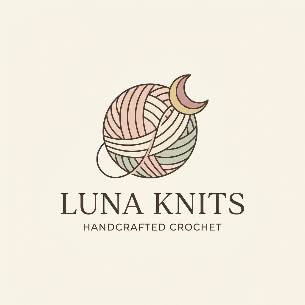 AI Design for A minimalist and elegant logo design for a crochet business featuring a delicate, stylized yarn ball intertwined with a tiny crescent moon. The aesthetic uses a soft pastel color palette with warm, inviting tones, clean vector lines, and a professional serif typography style. The overall composition is balanced and centered, conveying warmth, creativity, and handcrafted quality.