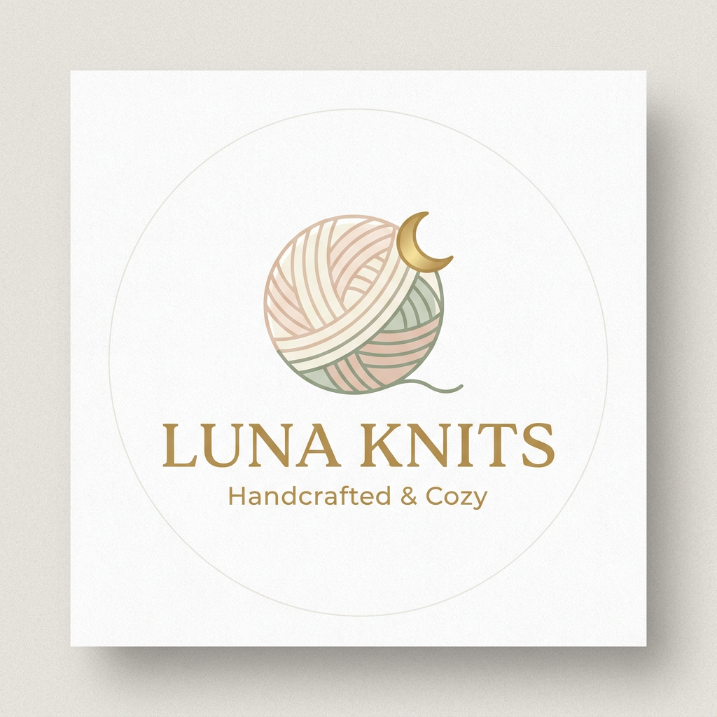 AI Design for A minimalist and elegant logo design for a crochet business featuring a delicate, stylized yarn ball intertwined with a tiny crescent moon. The aesthetic uses a soft pastel color palette with warm, inviting tones, clean vector lines, and a professional serif typography style. The overall composition is balanced and centered, conveying warmth, creativity, and handcrafted quality.