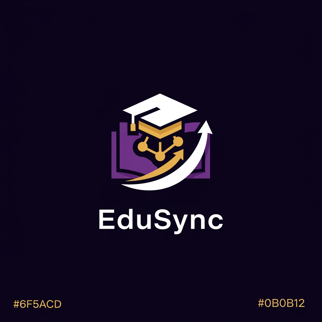 AI Design for Design a modern, premium, minimalist logo for a School Management System mobile application named "EduSync".

Create a clean geometric symbol that combines elements of education, technology, growth, and connectivity.

The icon should subtly merge:
- a graduation cap or open book
- digital network connections
- upward growth
- smart learning

Style:
- premium SaaS startup branding
- modern flat vector design
- clean negative space
- memorable app icon
- suitable for Android, iOS, web, and enterprise software
- professional and trustworthy
- not childish or cartoon

Color Palette:
- Deep Purple #6F5ACD
- Gold Accent #F4C542
- White
- Dark Background #0B0B12

Requirements:
- scalable vector logo
- simple enough for app icon
- luxury tech aesthetic
- Dribbble-quality design
- award-winning branding style
- centered composition
- no mockups, no background objects, logo only

Output:
high-end vector logo, transparent background, 4K quality