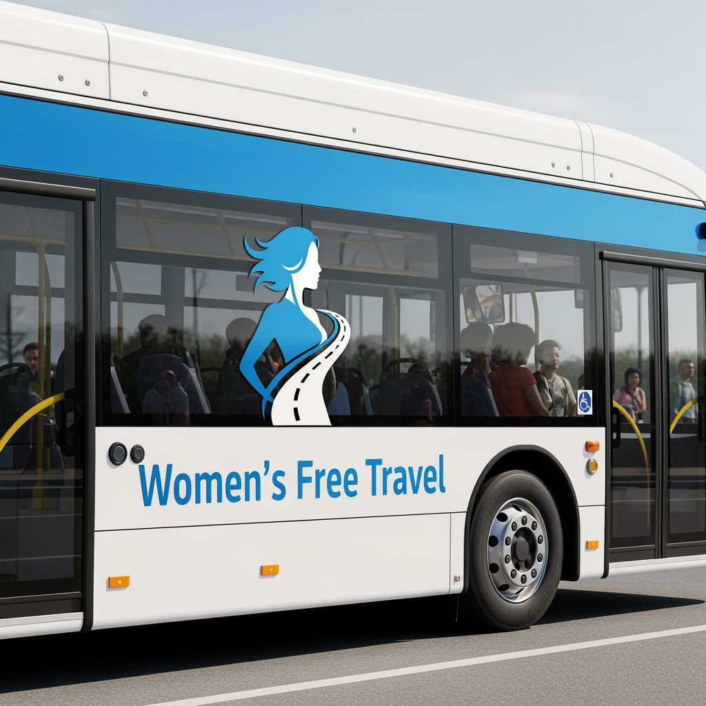AI Design for i want lodo for public transportation bus and a girl,eith blue and white mix logo this lodo using for free travel for women create it