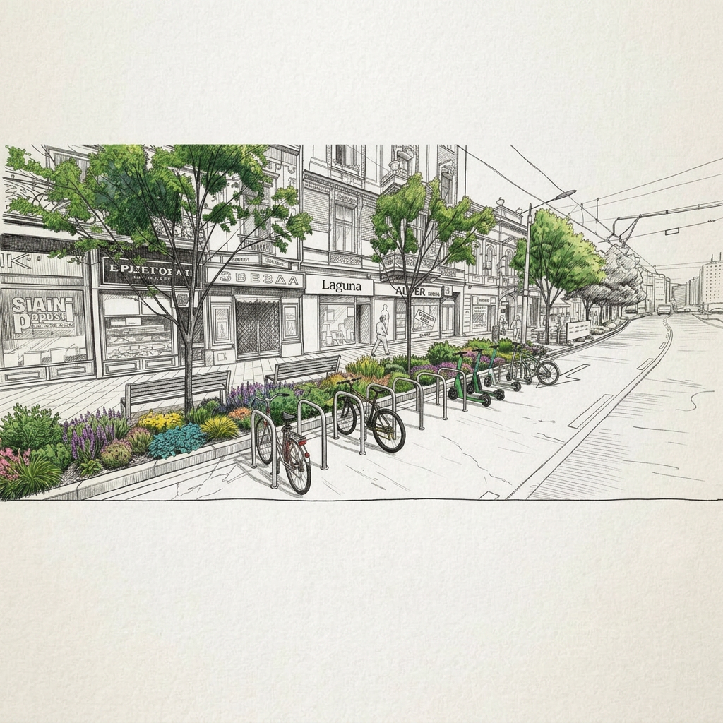AI Design for ne menjaj sustinu slike, samo pomeri biciklisticki parking, poenta je da ne bude na putu vec sa desne strane desne klupe