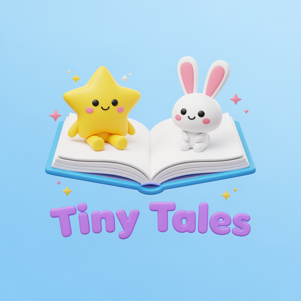 AI Design for Create a cute and professional logo for a children's YouTube channel named "Tiny Tales". The logo features an open storybook with a smiling star and a small bunny sitting on the book. Use pastel colors (sky blue, yellow, pink, and purple), big friendly eyes, a magical sparkle effect, and a playful rounded font for the text "Tiny Tales". Pixar-style 3D illustration, clean background, kid-friendly, high resolution.