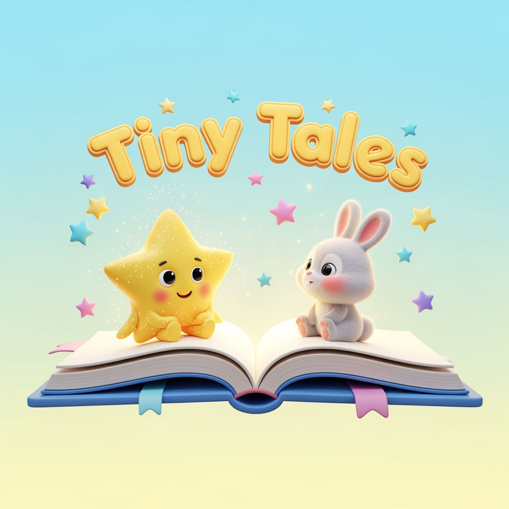 AI Design for Create a cute and professional logo for a children's YouTube channel named "Tiny Tales". The logo features an open storybook with a smiling star and a small bunny sitting on the book. Use pastel colors (sky blue, yellow, pink, and purple), big friendly eyes, a magical sparkle effect, and a playful rounded font for the text "Tiny Tales". Pixar-style 3D illustration, clean background, kid-friendly, high resolution.