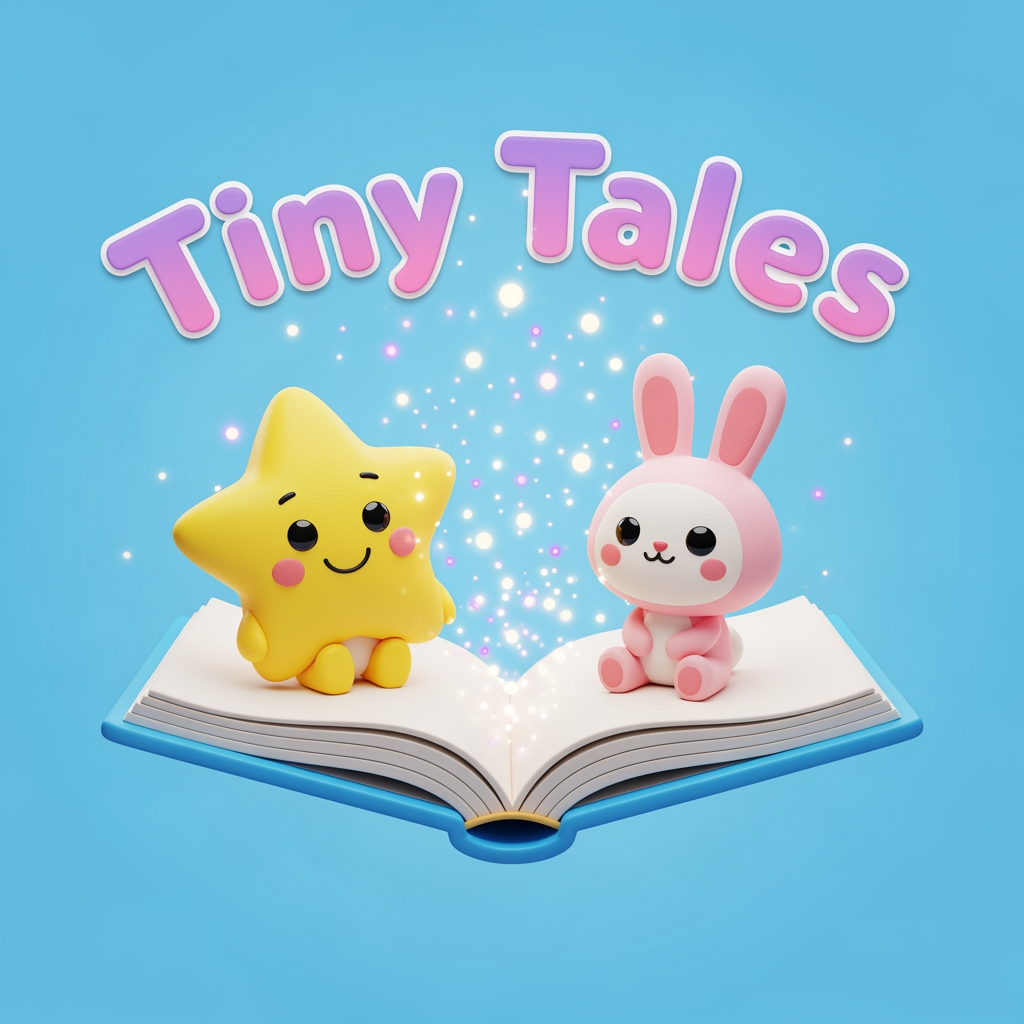 AI Design for Create a cute and professional logo for a children's YouTube channel named "Tiny Tales". The logo features an open storybook with a smiling star and a small bunny sitting on the book. Use pastel colors (sky blue, yellow, pink, and purple), big friendly eyes, a magical sparkle effect, and a playful rounded font for the text "Tiny Tales". Pixar-style 3D illustration, clean background, kid-friendly, high resolution.
