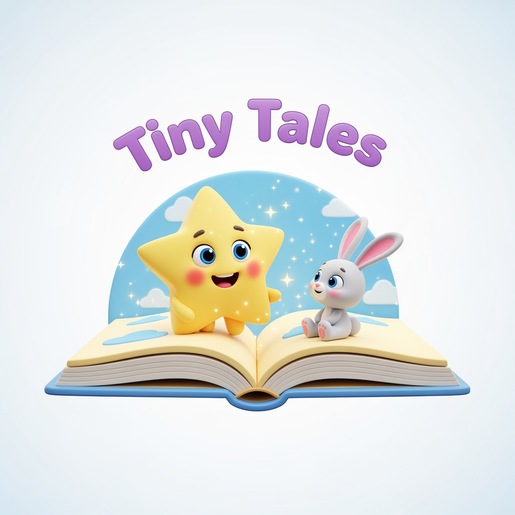 AI Design for Create a cute and professional logo for a children's YouTube channel named "Tiny Tales". The logo features an open storybook with a smiling star and a small bunny sitting on the book. Use pastel colors (sky blue, yellow, pink, and purple), big friendly eyes, a magical sparkle effect, and a playful rounded font for the text "Tiny Tales". Pixar-style 3D illustration, clean background, kid-friendly, high resolution.
