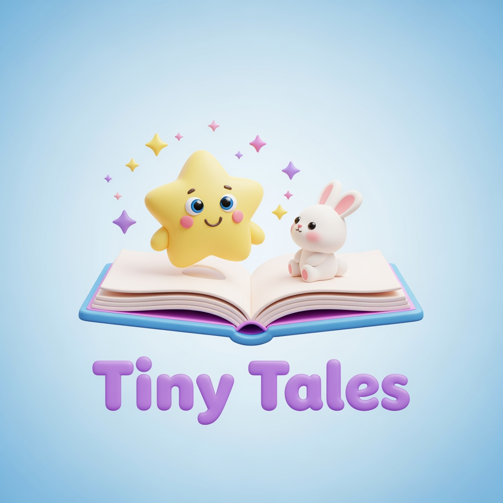 AI Design for Create a cute and professional logo for a children's YouTube channel named "Tiny Tales". The logo features an open storybook with a smiling star and a small bunny sitting on the book. Use pastel colors (sky blue, yellow, pink, and purple), big friendly eyes, a magical sparkle effect, and a playful rounded font for the text "Tiny Tales". Pixar-style 3D illustration, clean background, kid-friendly, high resolution.