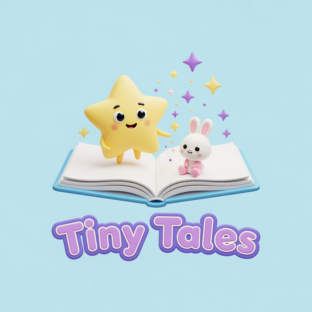 AI Design for Create a cute and professional logo for a children's YouTube channel named "Tiny Tales". The logo features an open storybook with a smiling star and a small bunny sitting on the book. Use pastel colors (sky blue, yellow, pink, and purple), big friendly eyes, a magical sparkle effect, and a playful rounded font for the text "Tiny Tales". Pixar-style 3D illustration, clean background, kid-friendly, high resolution.